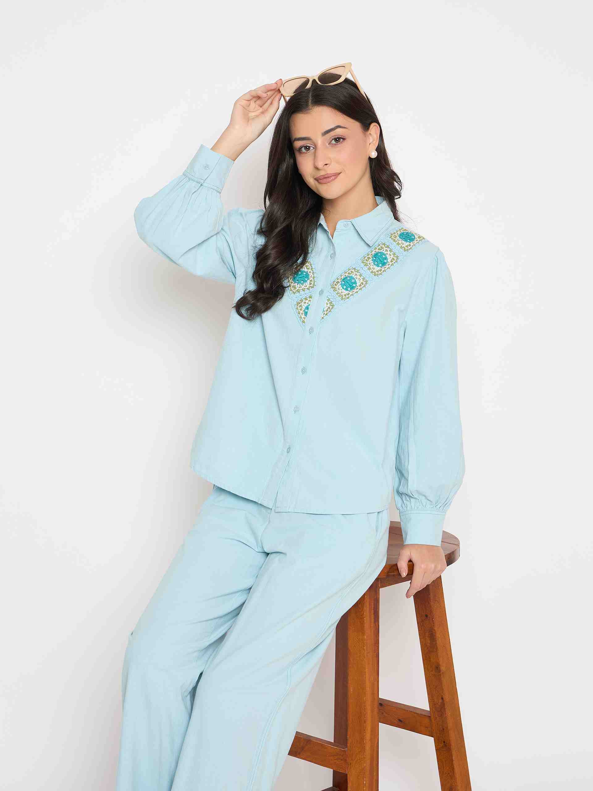 Madame Patchwork Detailed Shirt and Bottoms Blue Co-ord Set - Image 3