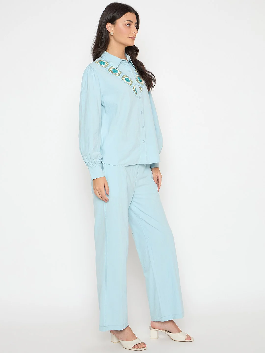 Madame Patchwork Detailed Shirt and Bottoms Blue Co-ord Set - Image 4