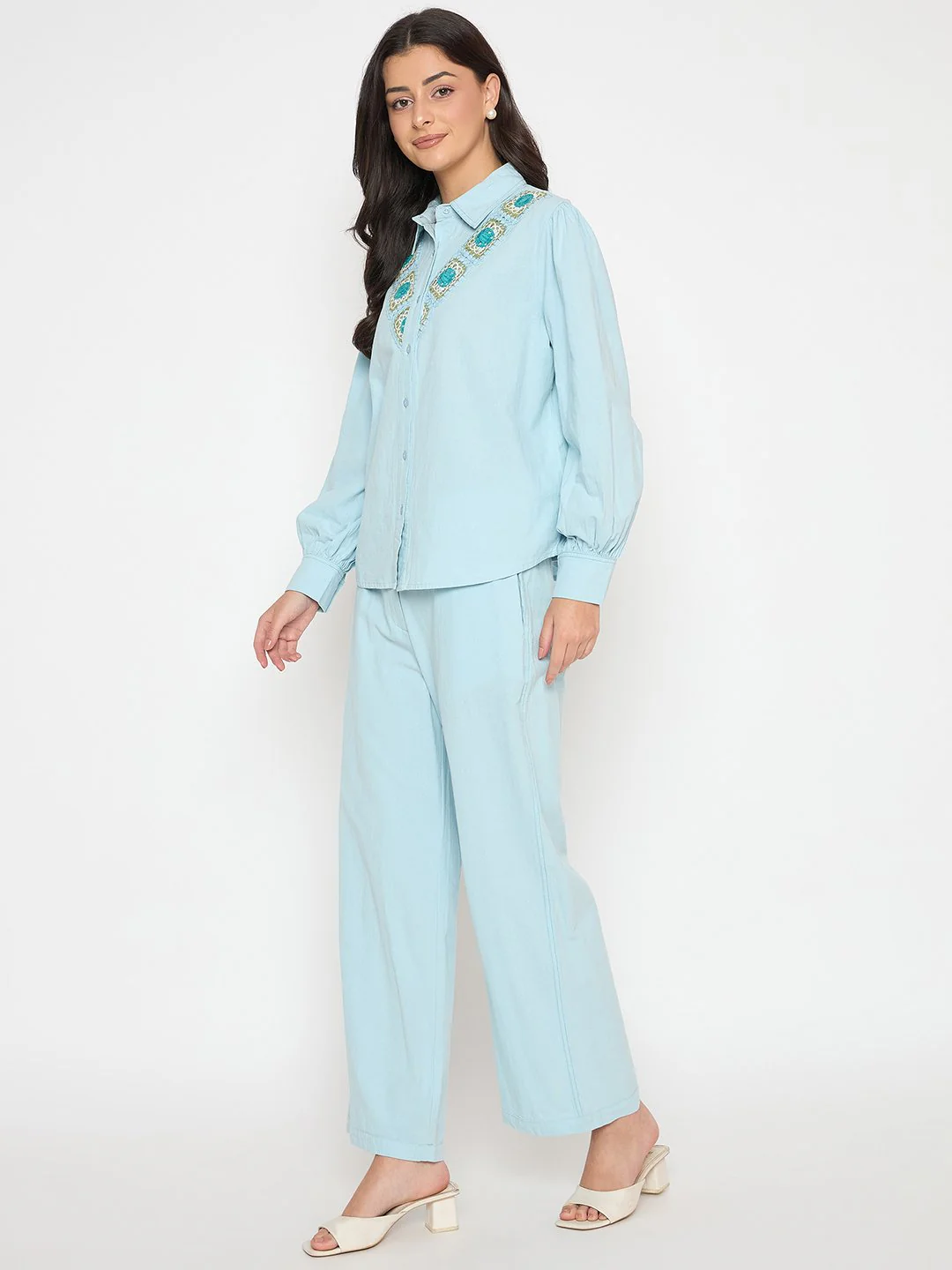 Madame Patchwork Detailed Shirt and Bottoms Blue Co-ord Set - Image 5