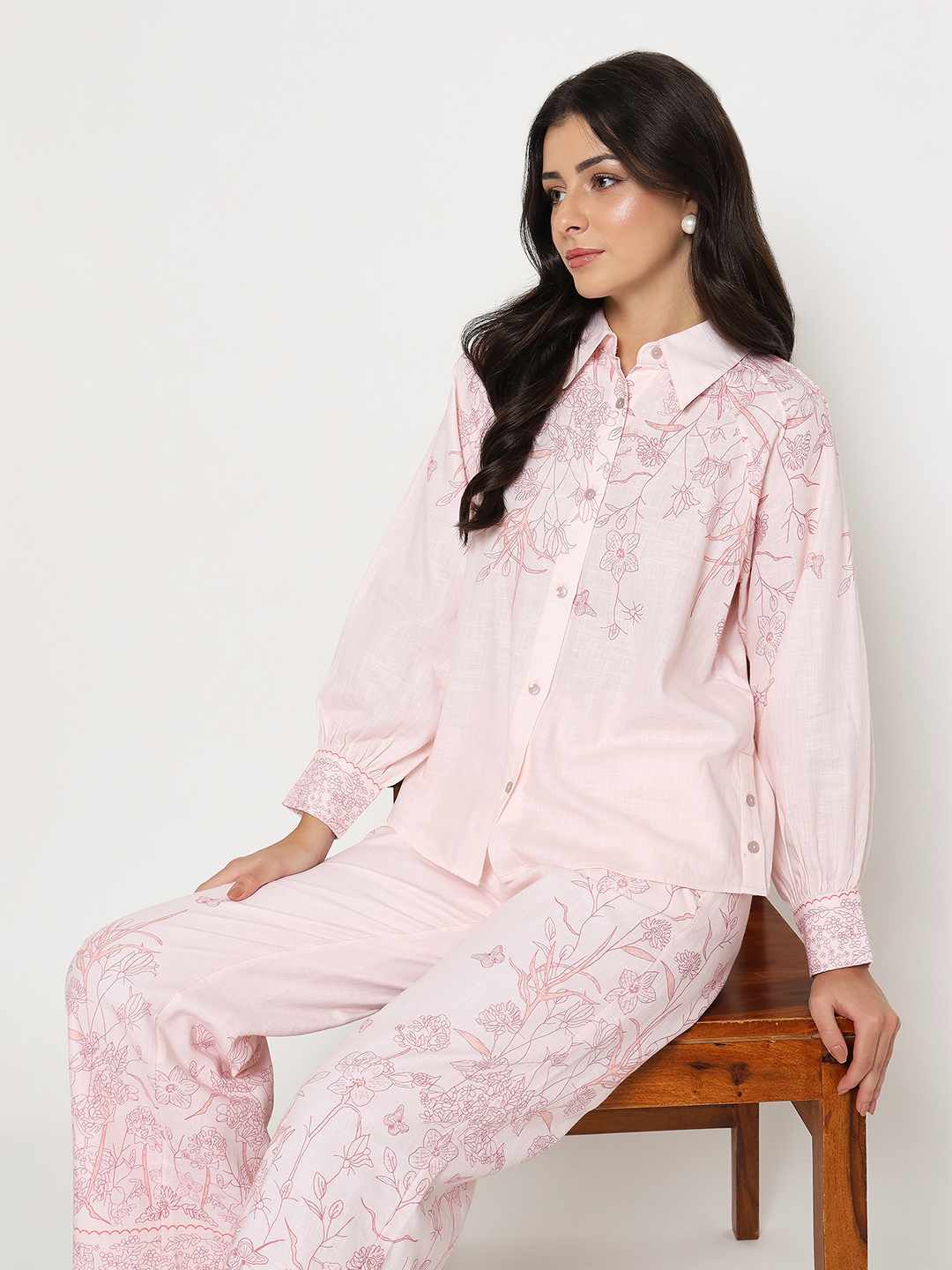 Madame Floral Print Top and Bottom Pink Cotton Co-ord Set - Image 2