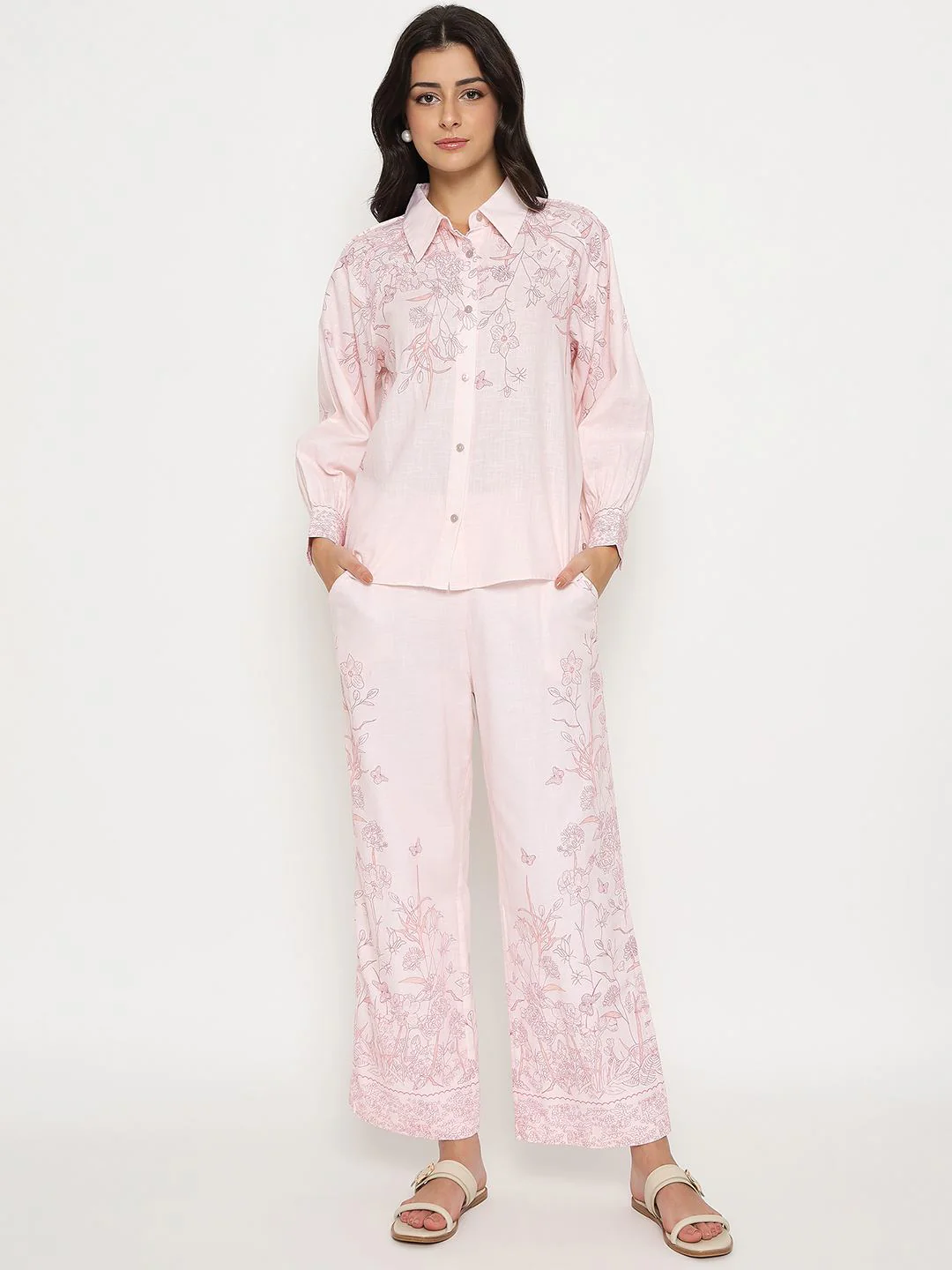 Madame Floral Print Top and Bottom Pink Cotton Co-ord Set - Image 3