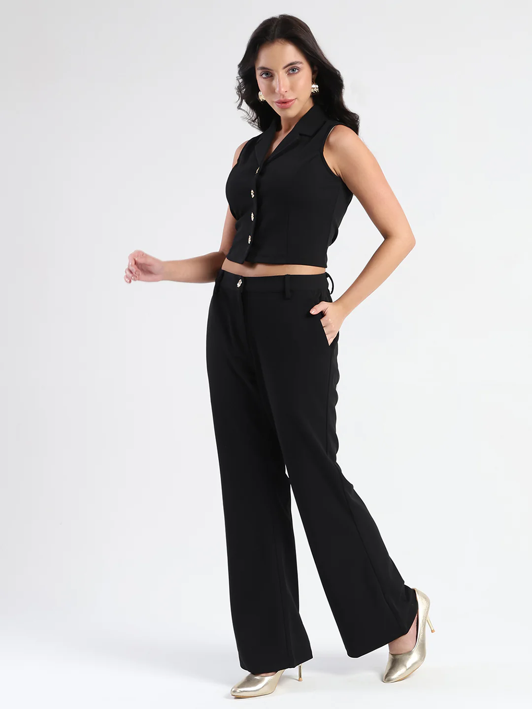 Madame Crop Top and Side Slit Trousers Knit Moss Black Co-ord Set - Image 5