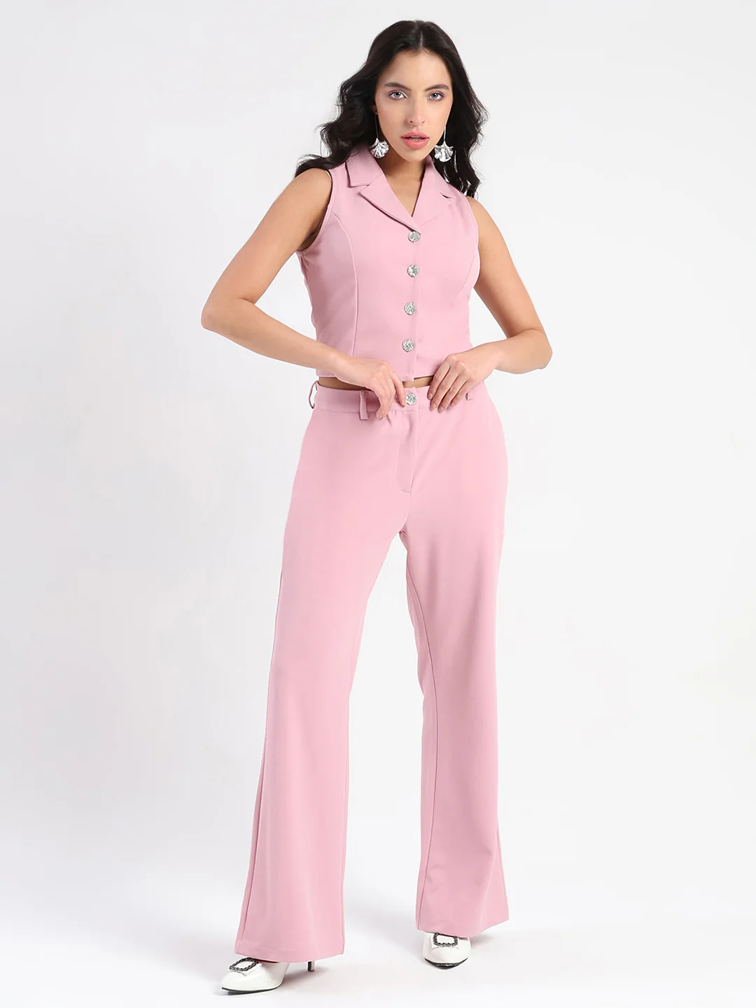 Madame Crop Top and Side Slit Trousers Knit Moss Blush Pink Co-ord Set - Image 3