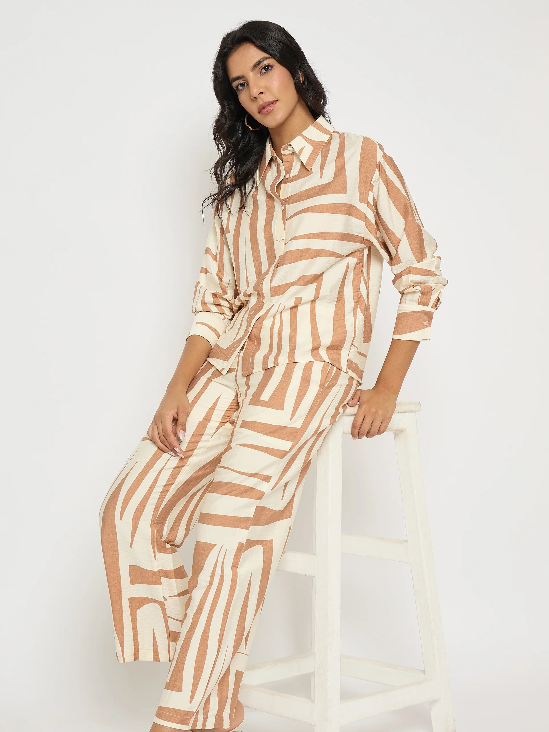 Madame Colorblock Top and Bottoms Rayon Blend Tan Brown Co-ord Set - Image 2