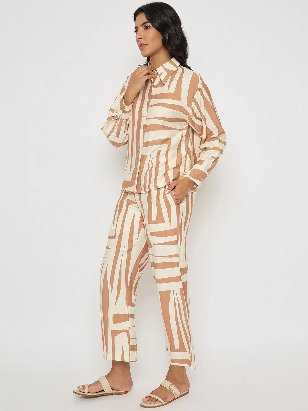 Madame Colorblock Top and Bottoms Rayon Blend Tan Brown Co-ord Set - Image 5