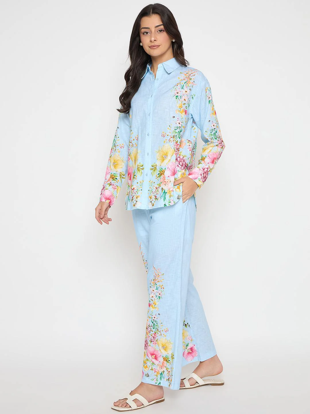 Madame Printed Shirt and Trousers Blue Cotton Co-ord Set - Image 5
