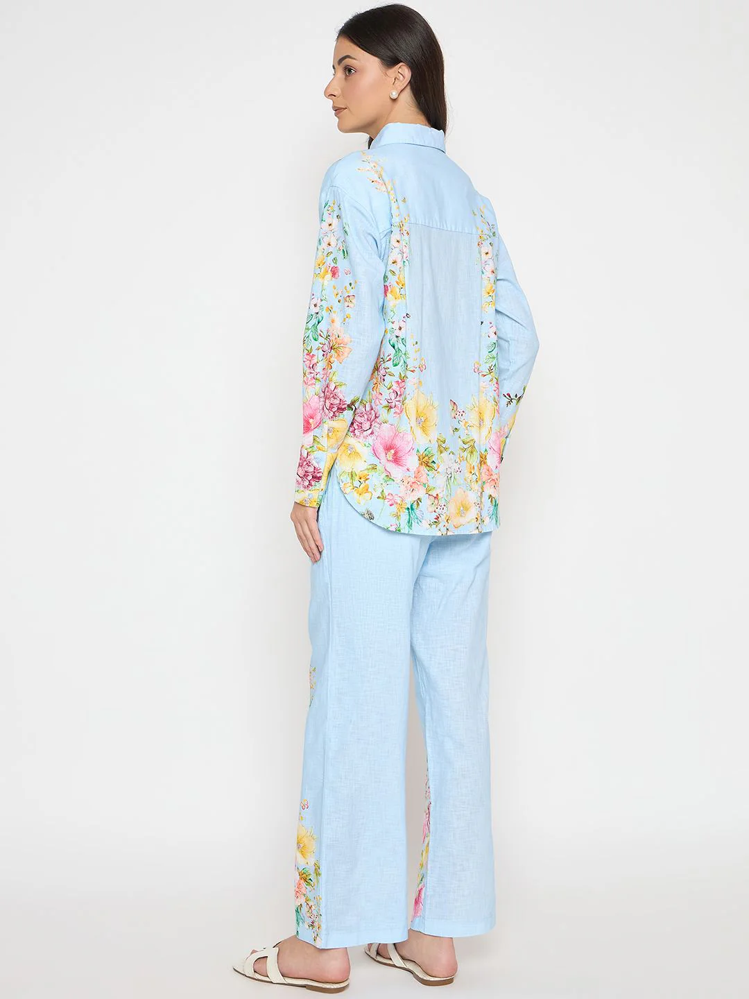 Madame Printed Shirt and Trousers Blue Cotton Co-ord Set - Image 6