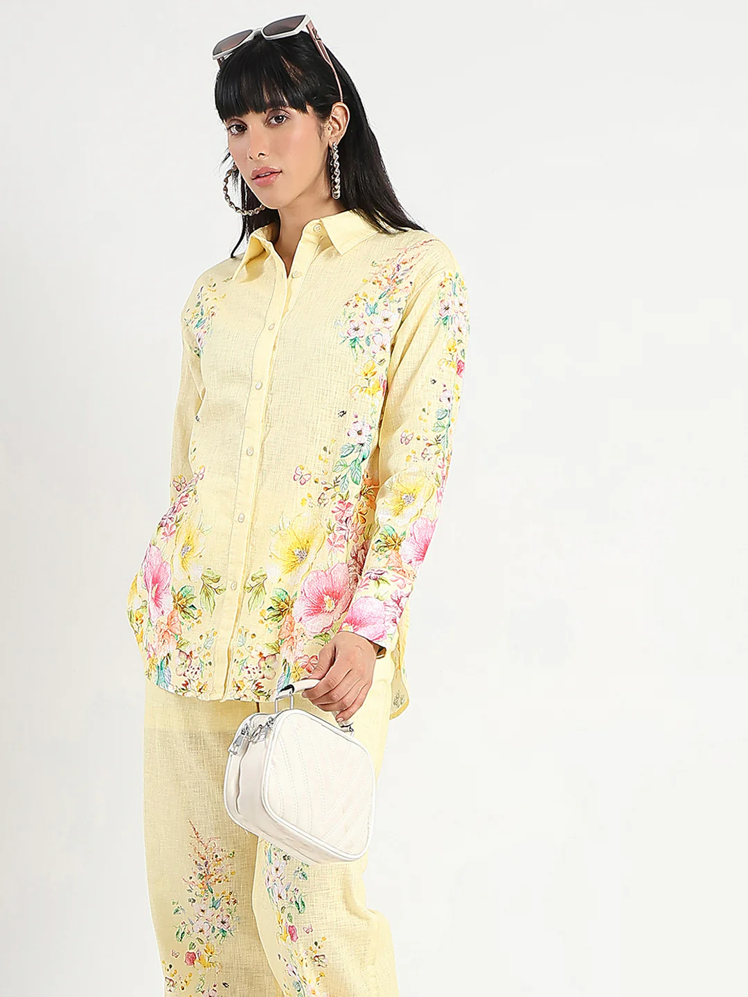 Madame Printed Shirt and Trousers Yellow Cotton Co-ord Set - Image 2