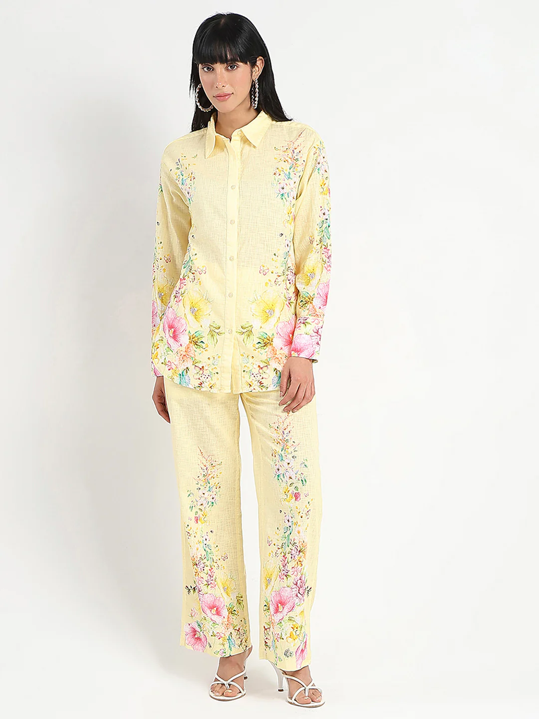 Madame Printed Shirt and Trousers Yellow Cotton Co-ord Set - Image 3