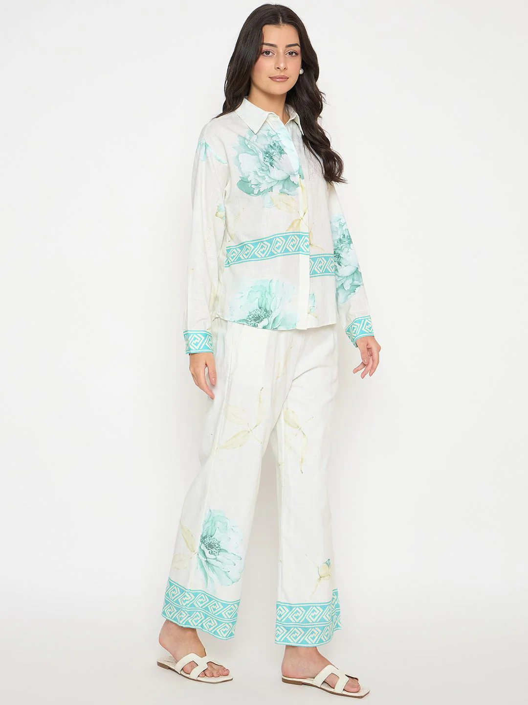 Madame Floral Print Top and Bottom Sea Green Cotton Co-ord Set - Image 4