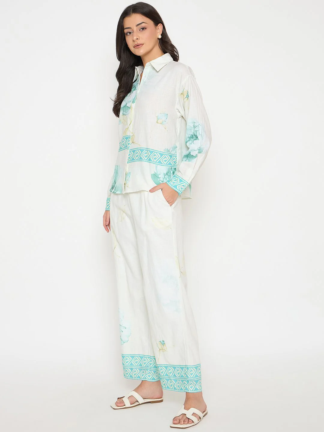 Madame Floral Print Top and Bottom Sea Green Cotton Co-ord Set - Image 5