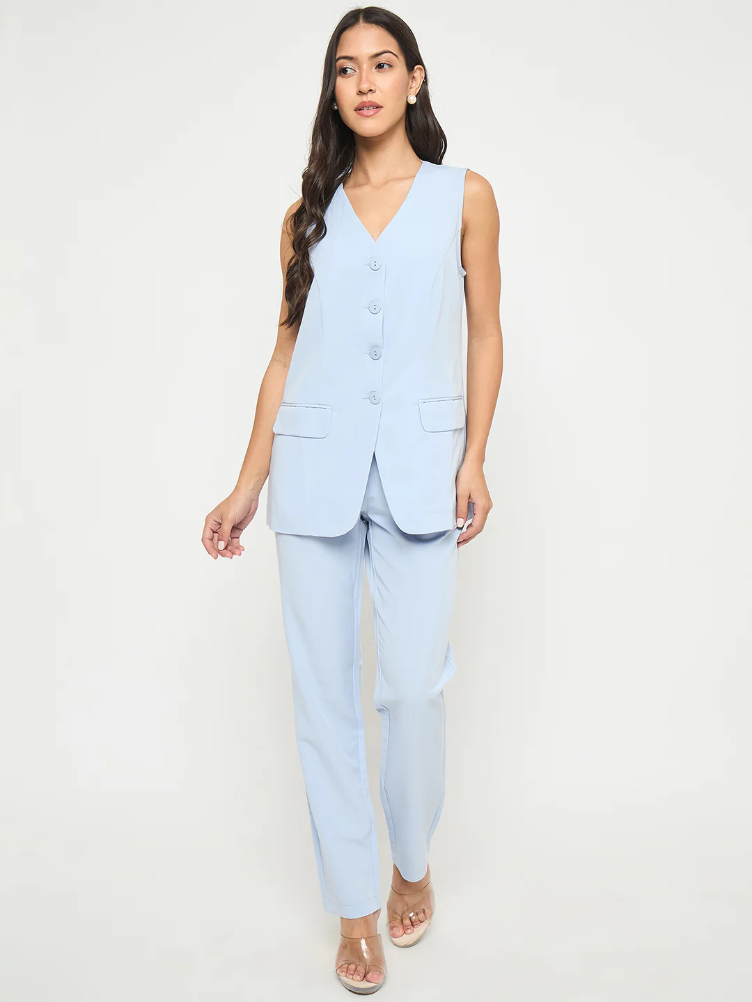 Madame Solid Sleeveless Top and Bottoms Blue Co-ord Set - Image 3