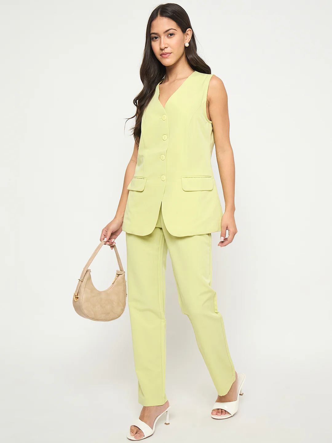 Madame Solid Sleeveless Top and Bottoms Lime Green Co-ord Set