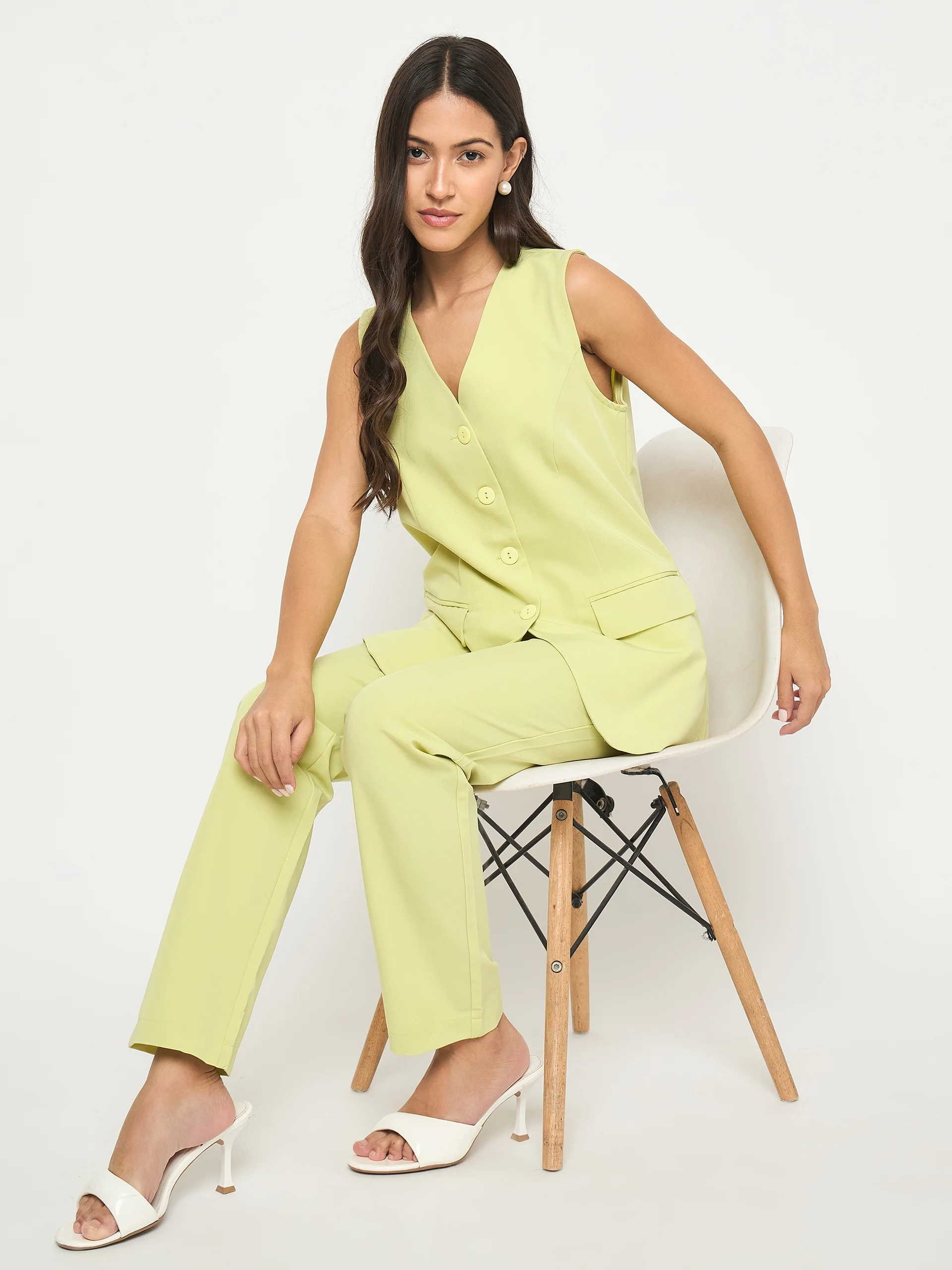 Madame Solid Sleeveless Top and Bottoms Lime Green Co-ord Set - Image 2
