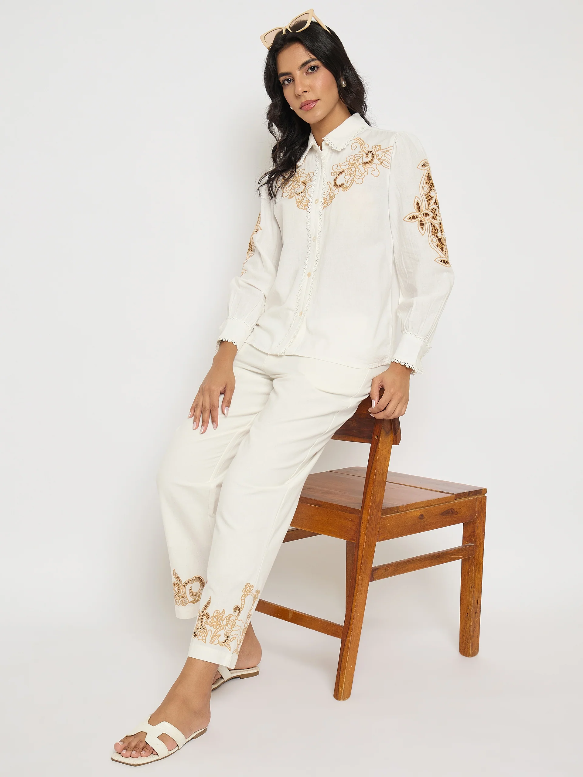 Madame Dori Embroidered White Cotton Blend Co-ord Set - Image 2