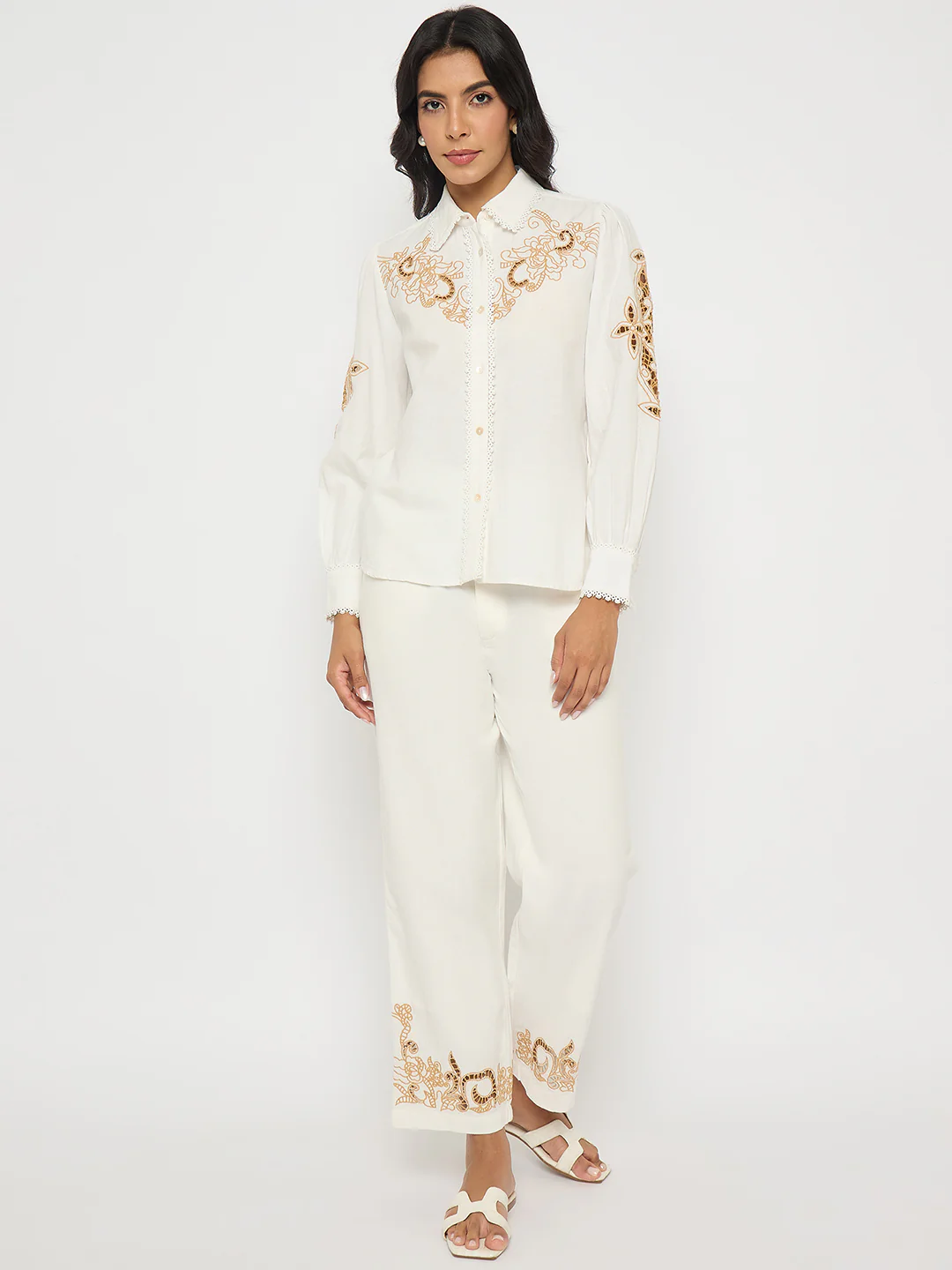 Madame Dori Embroidered White Cotton Blend Co-ord Set - Image 3