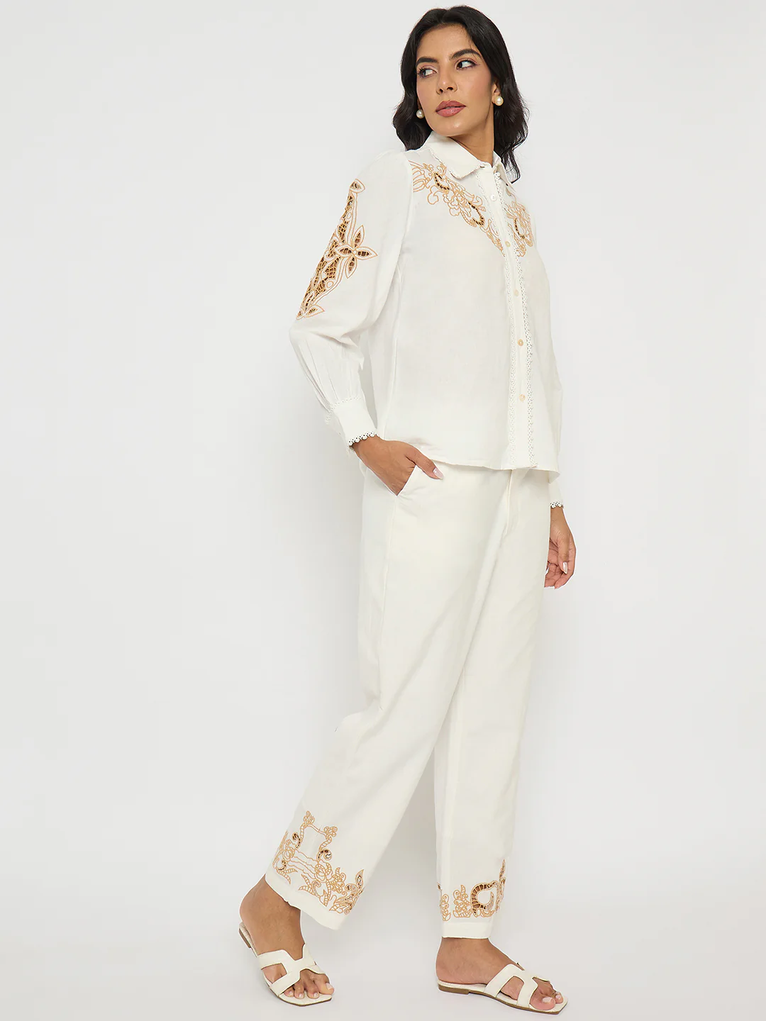 Madame Dori Embroidered White Cotton Blend Co-ord Set - Image 4