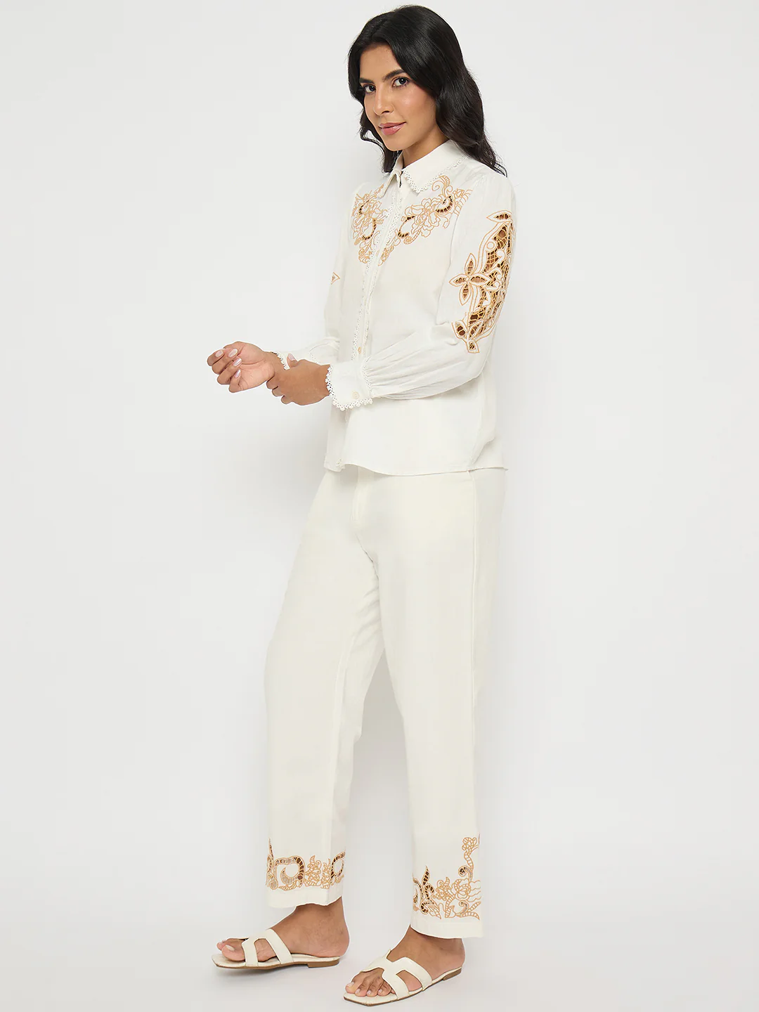 Madame Dori Embroidered White Cotton Blend Co-ord Set - Image 5