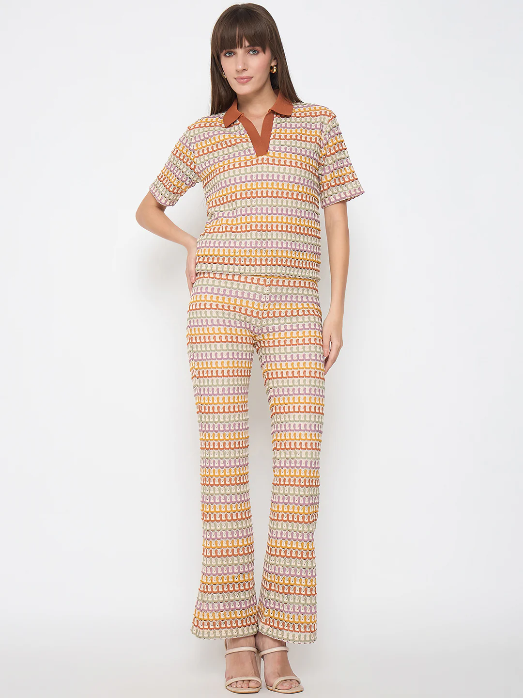 Madame Geometric Pattern Polo Top and Flared Pants Brown Co-ord Set - Image 3