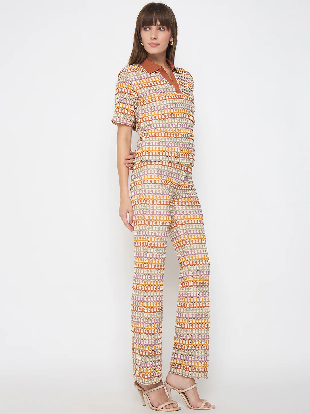 Madame Geometric Pattern Polo Top and Flared Pants Brown Co-ord Set - Image 4