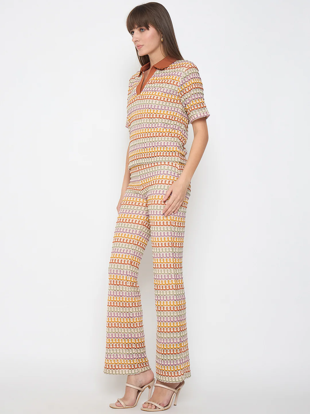 Madame Geometric Pattern Polo Top and Flared Pants Brown Co-ord Set - Image 5