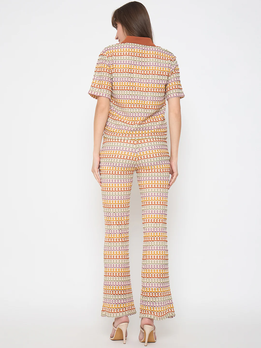Madame Geometric Pattern Polo Top and Flared Pants Brown Co-ord Set - Image 6