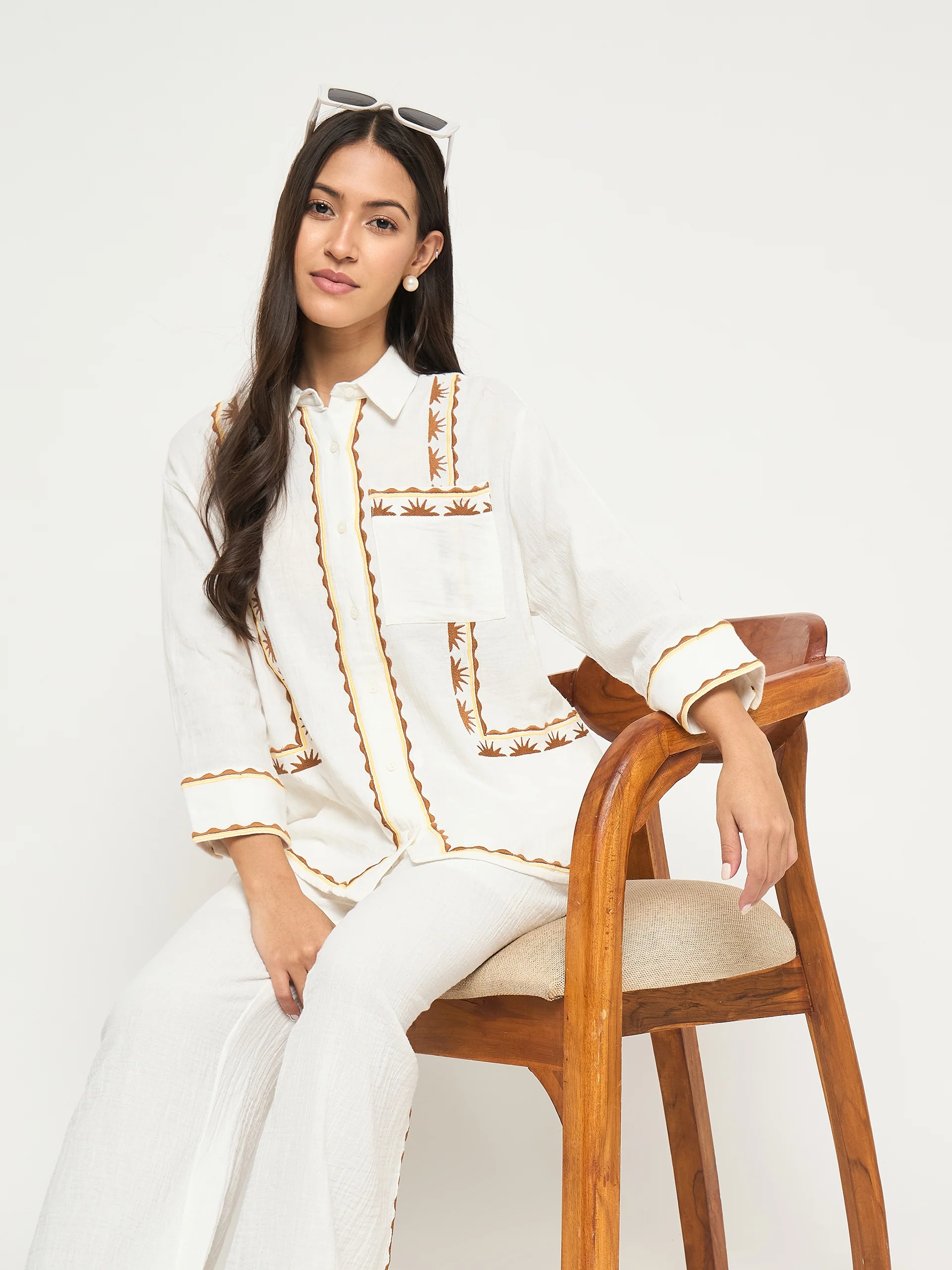 Madame Printed Shirt and Trousers White Cotton Co-ord Set - Image 2