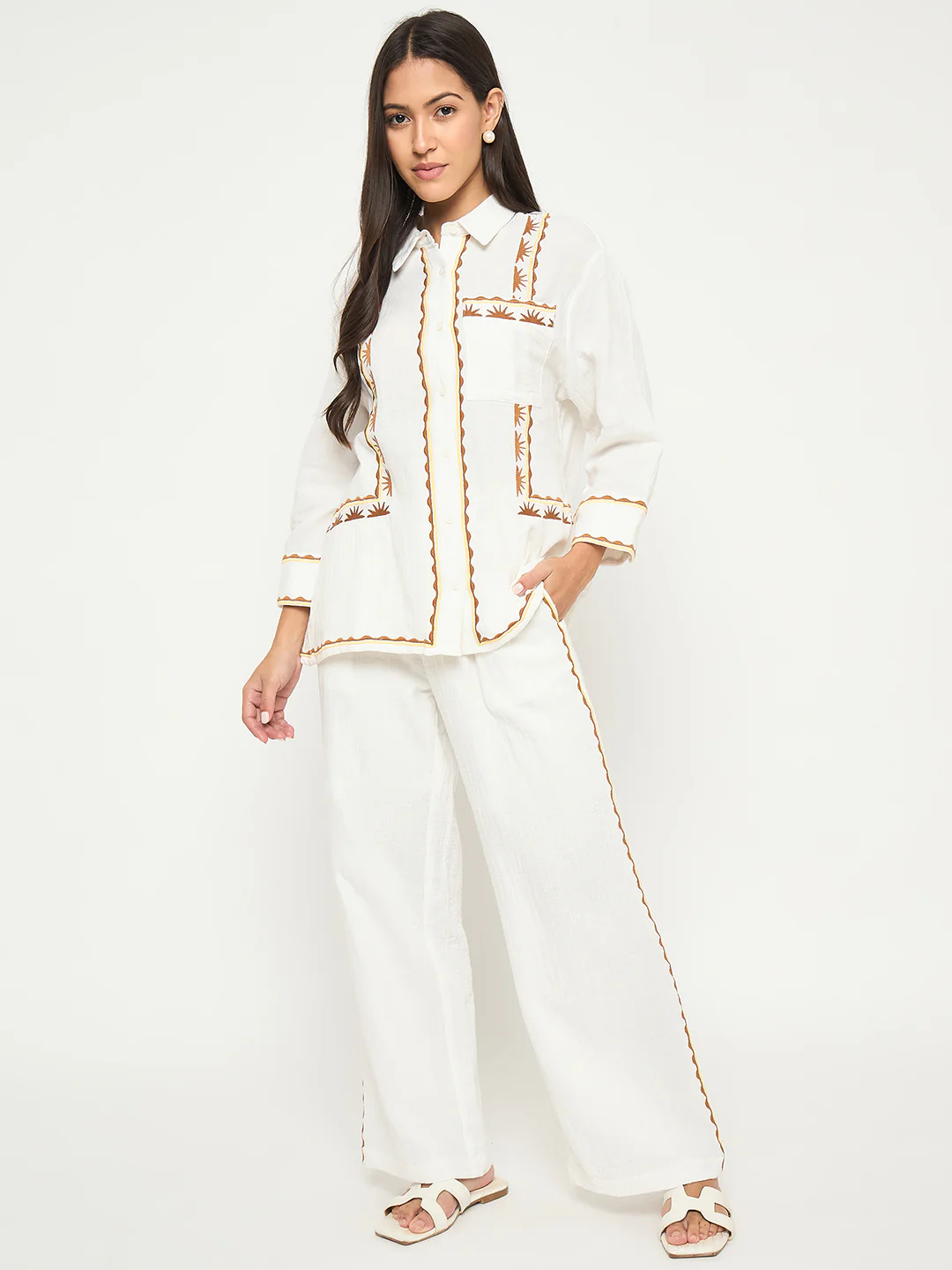 Madame Printed Shirt and Trousers White Cotton Co-ord Set - Image 3