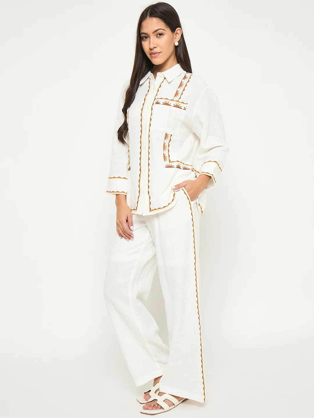 Madame Printed Shirt and Trousers White Cotton Co-ord Set - Image 4