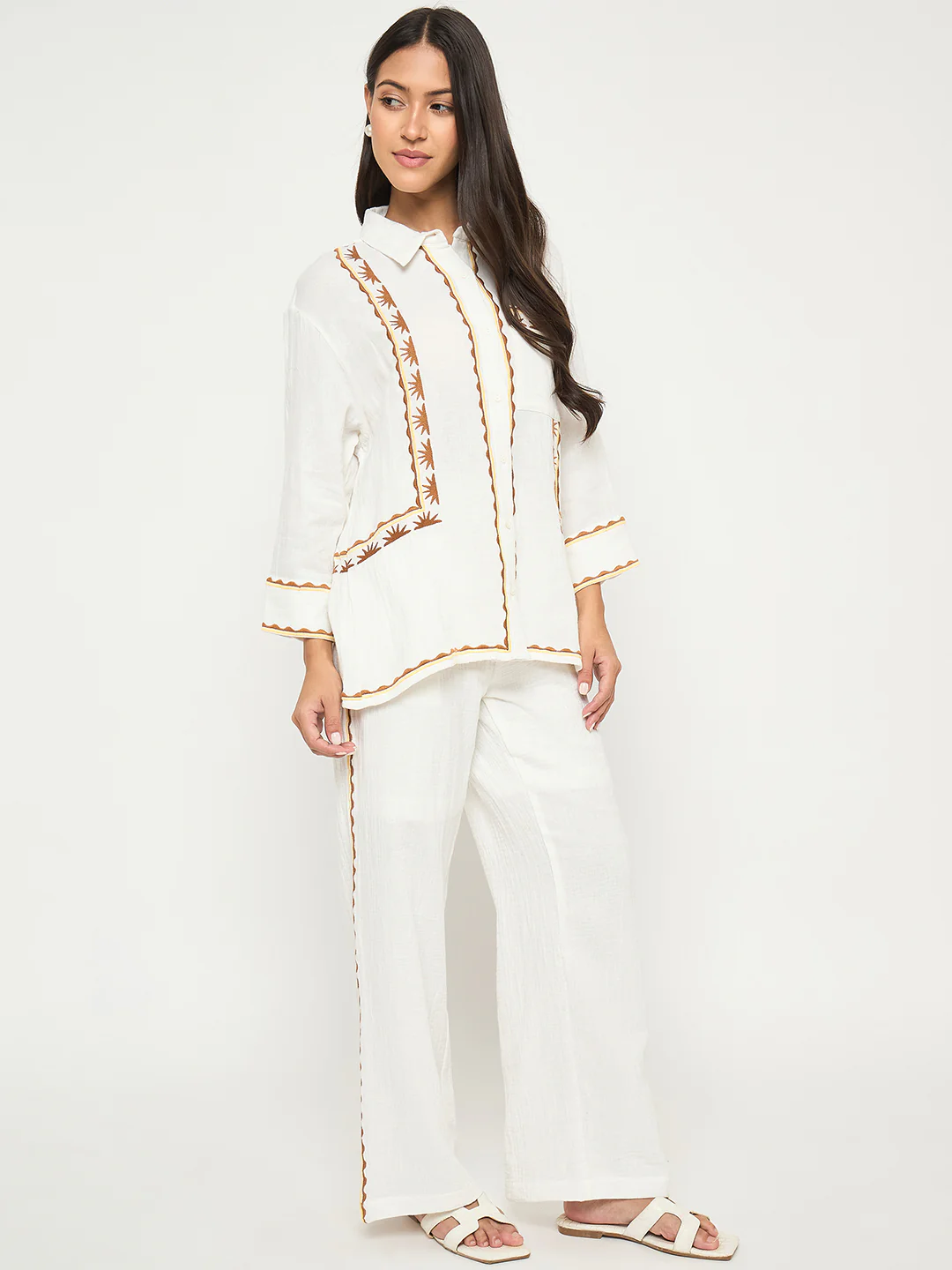 Madame Printed Shirt and Trousers White Cotton Co-ord Set - Image 5