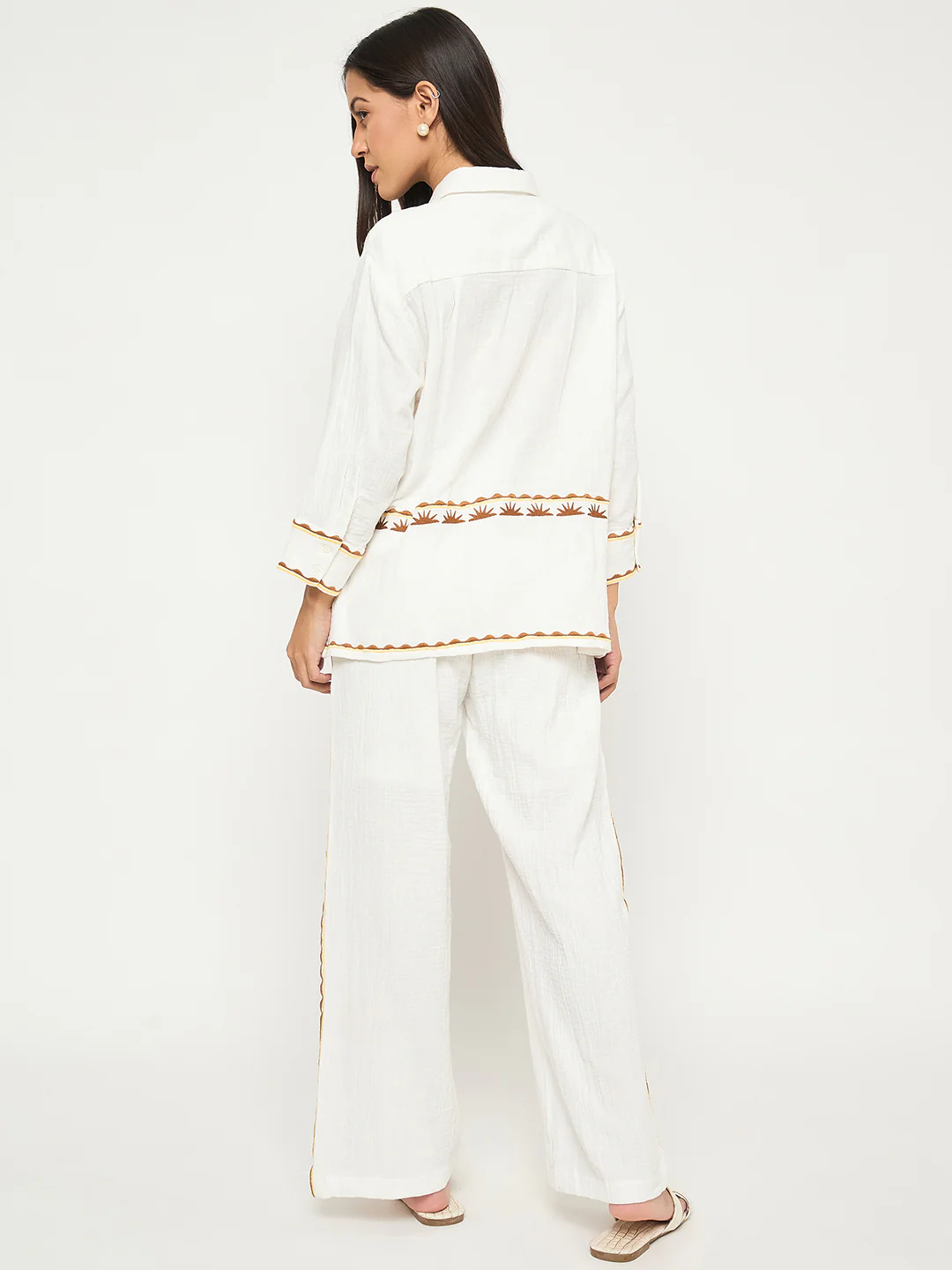 Madame Printed Shirt and Trousers White Cotton Co-ord Set - Image 6
