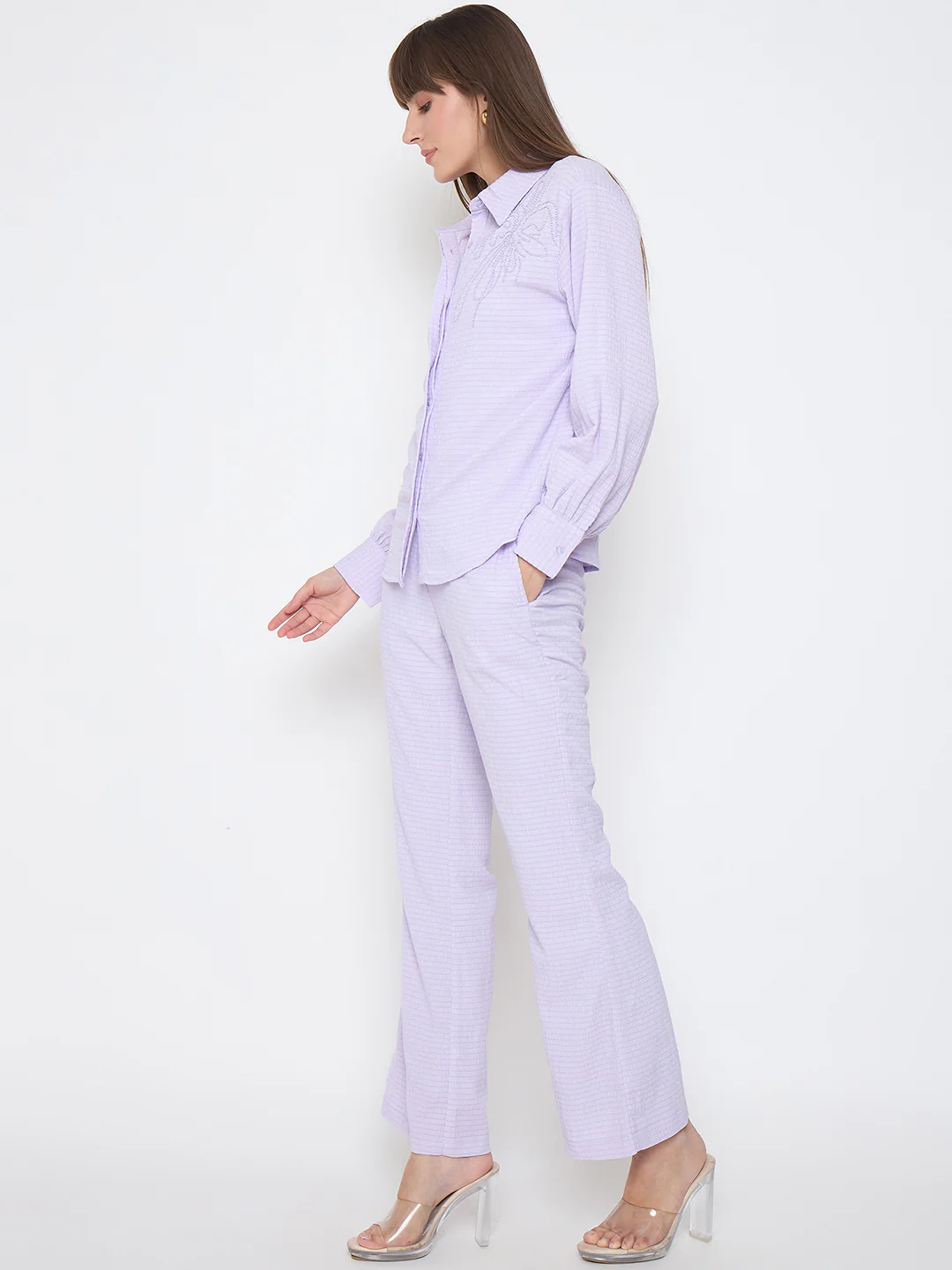 Madame Embroidered Shirt with Crop Tank and Wide-Leg Pants Three Piece Lilac Co-ord Set - Image 5