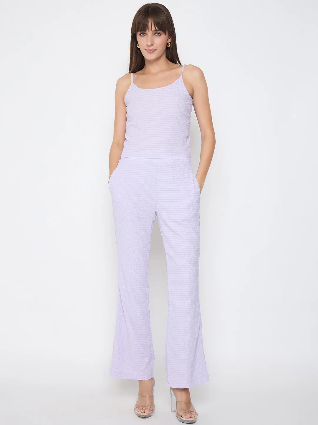 Madame Embroidered Shirt with Crop Tank and Wide-Leg Pants Three Piece Lilac Co-ord Set - Image 6
