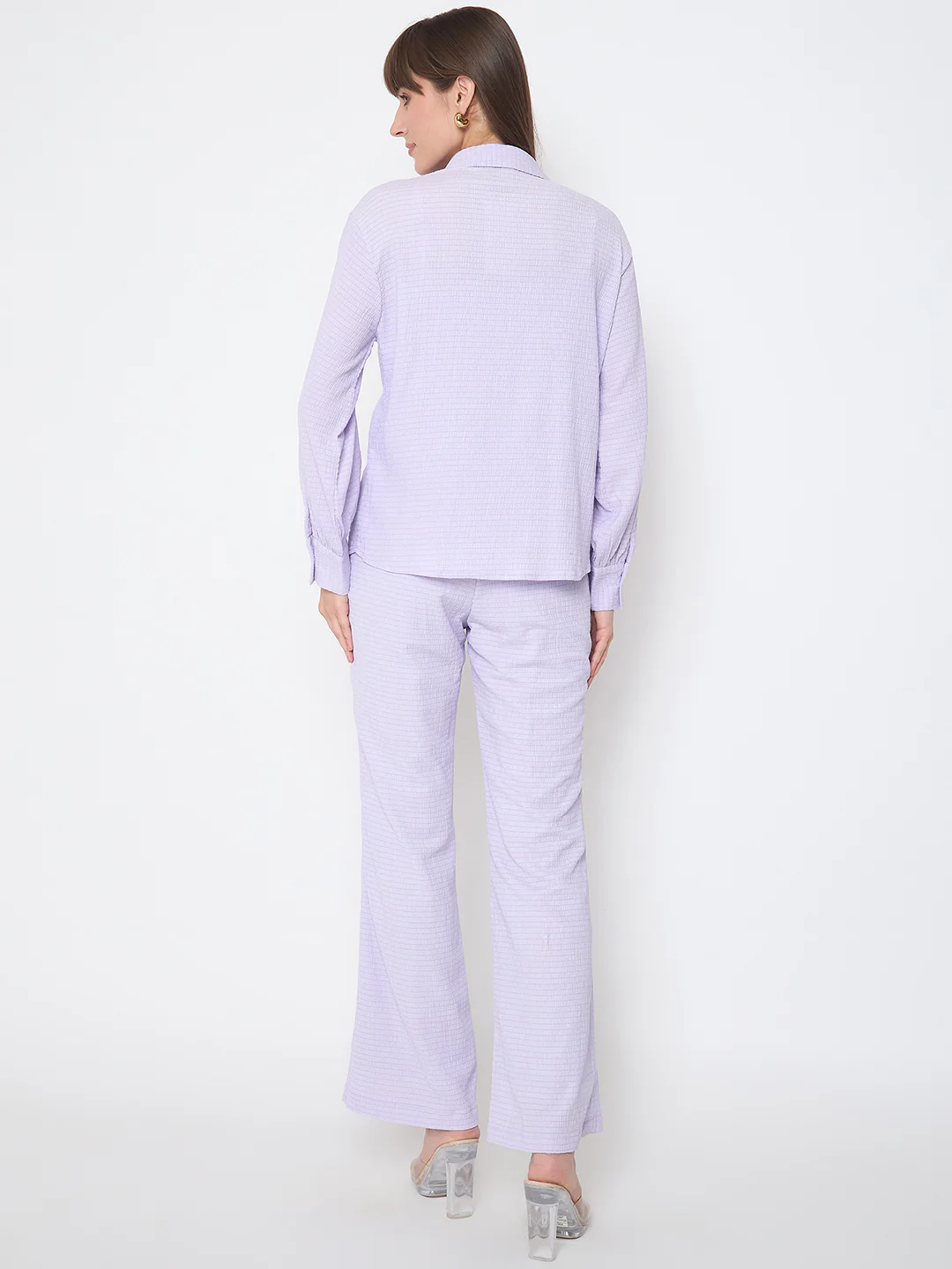 Madame Embroidered Shirt with Crop Tank and Wide-Leg Pants Three Piece Lilac Co-ord Set - Image 7