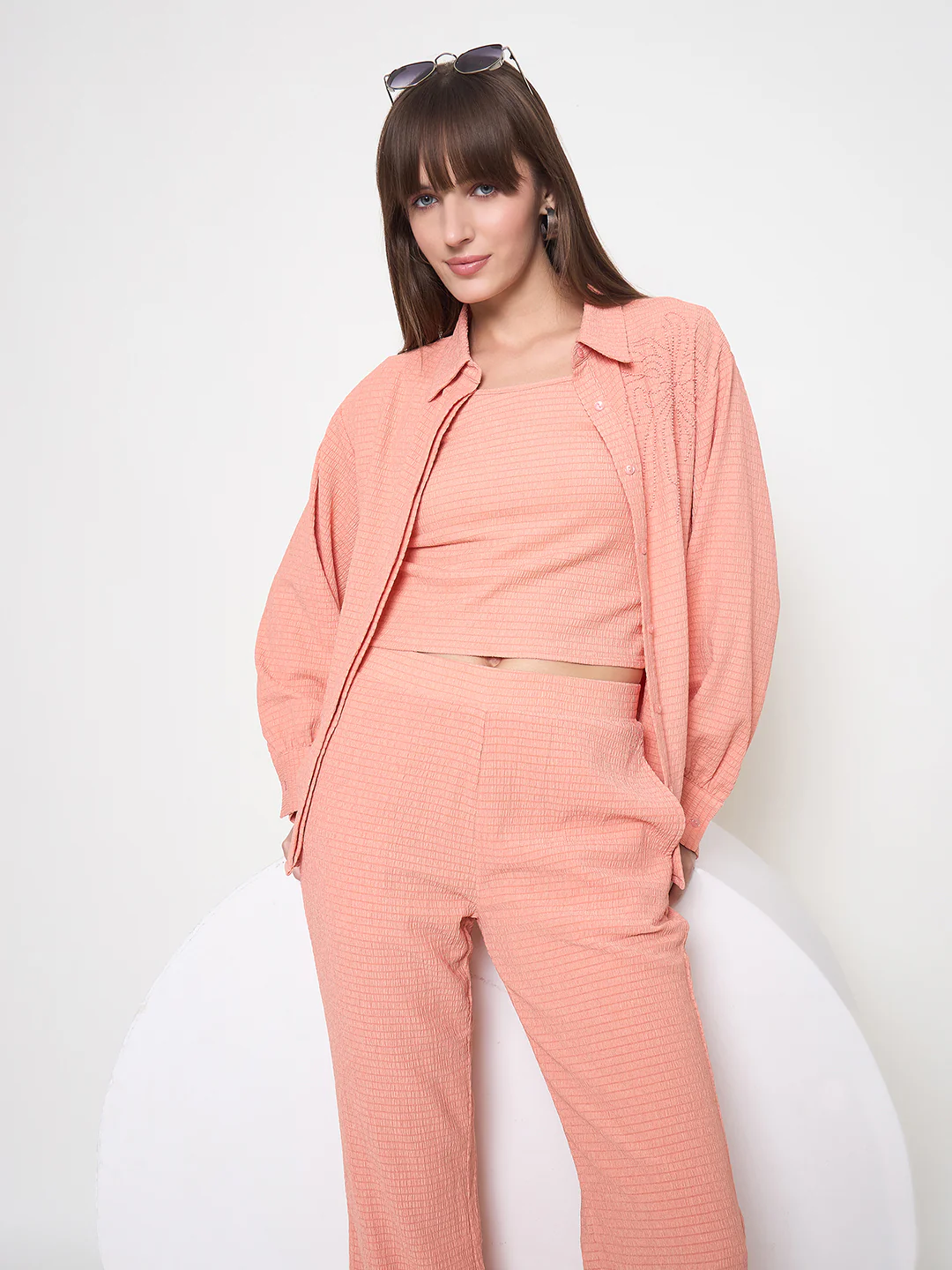 Madame Embroidered Shirt with Crop Tank and Wide-Leg Pants Three Piece Orange Co-ord Set - Image 2