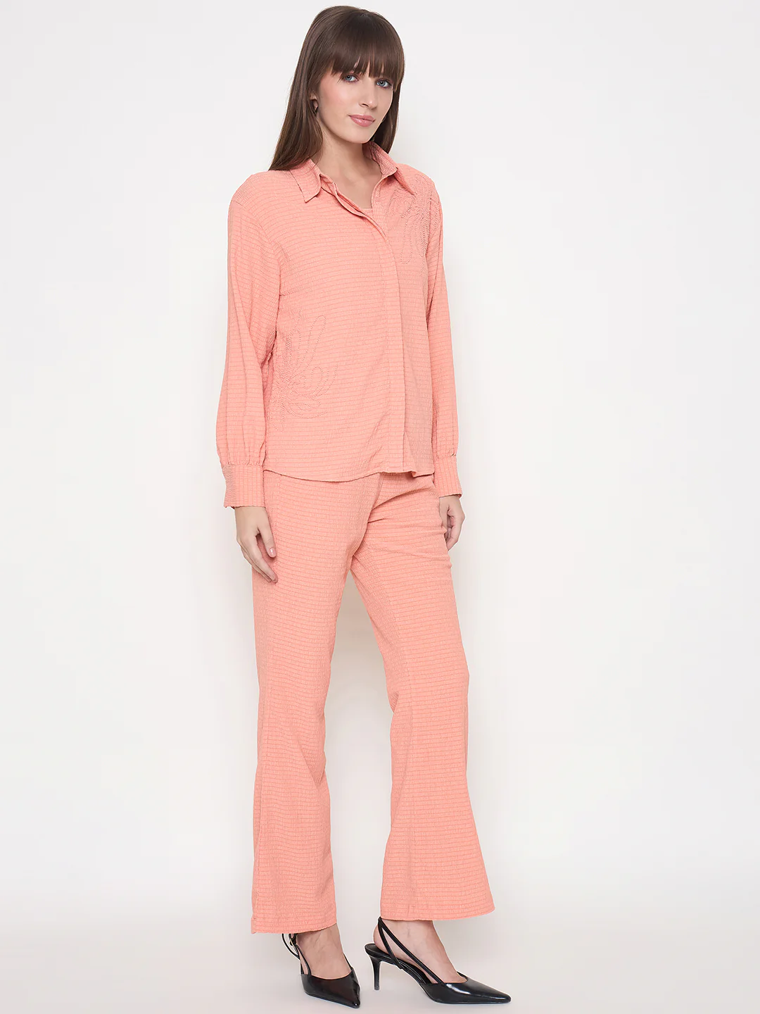 Madame Embroidered Shirt with Crop Tank and Wide-Leg Pants Three Piece Orange Co-ord Set - Image 4