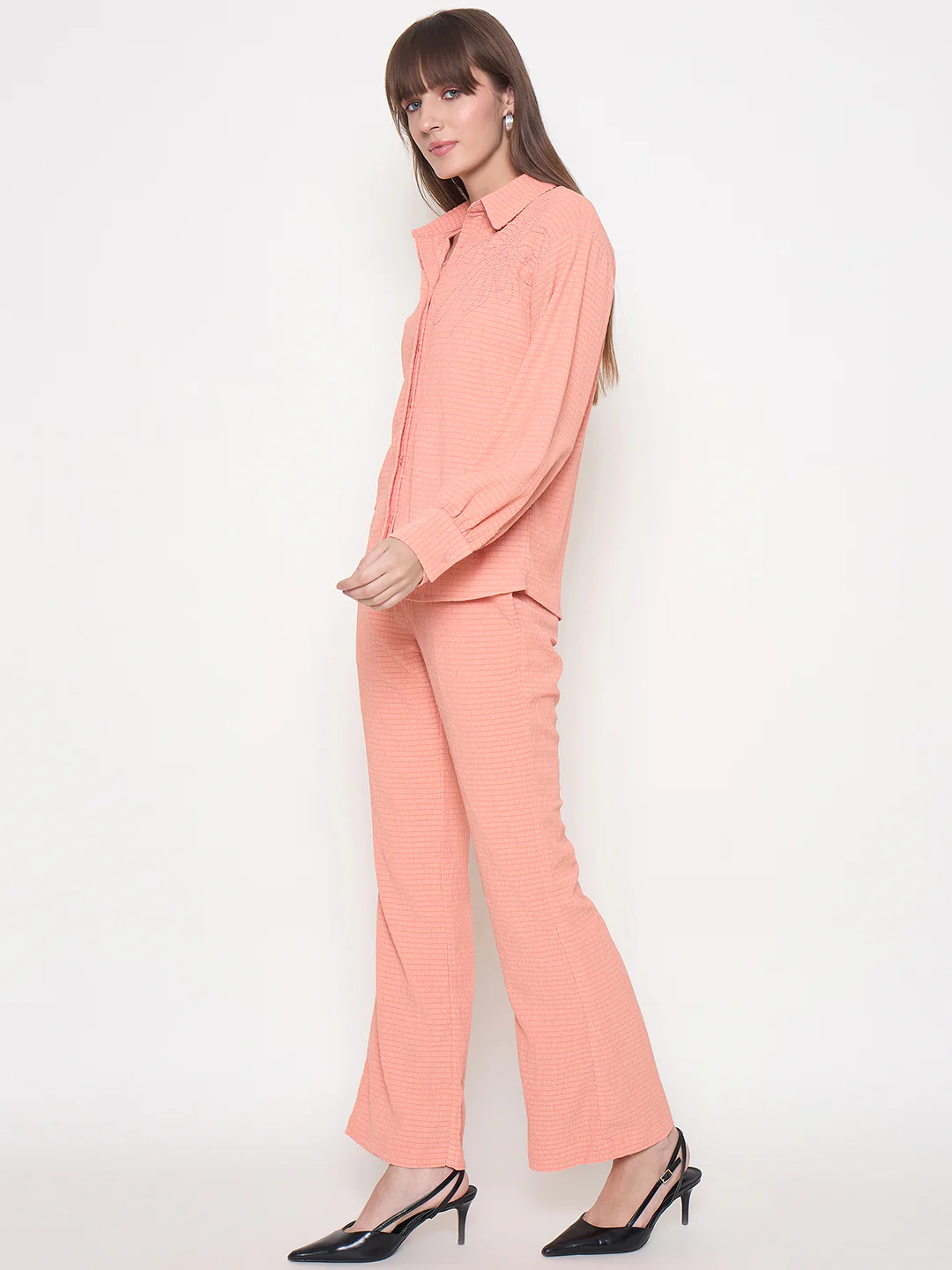 Madame Embroidered Shirt with Crop Tank and Wide-Leg Pants Three Piece Orange Co-ord Set - Image 5