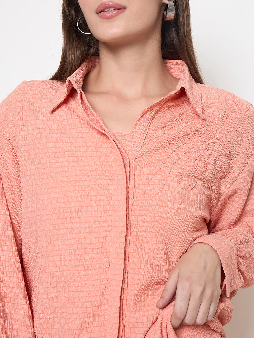 Madame Embroidered Shirt with Crop Tank and Wide-Leg Pants Three Piece Orange Co-ord Set - Image 9