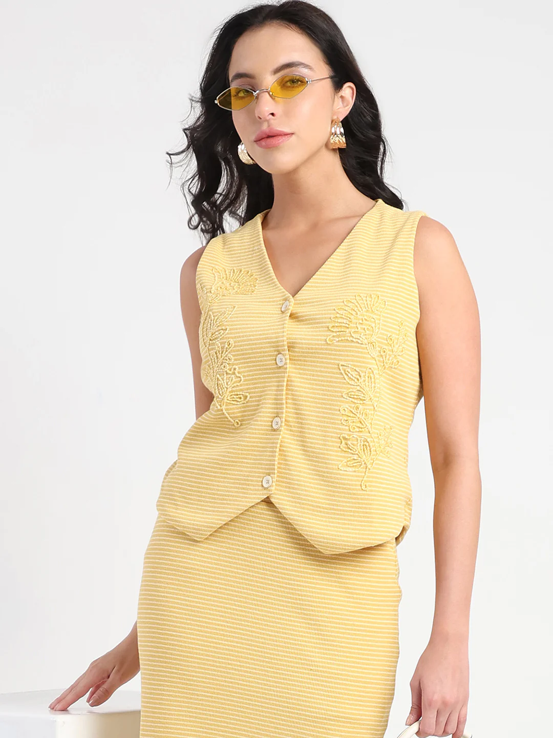 Madame Sleeveless Top and Skirt Striped Mustard Yellow Co-ord Set - Image 2