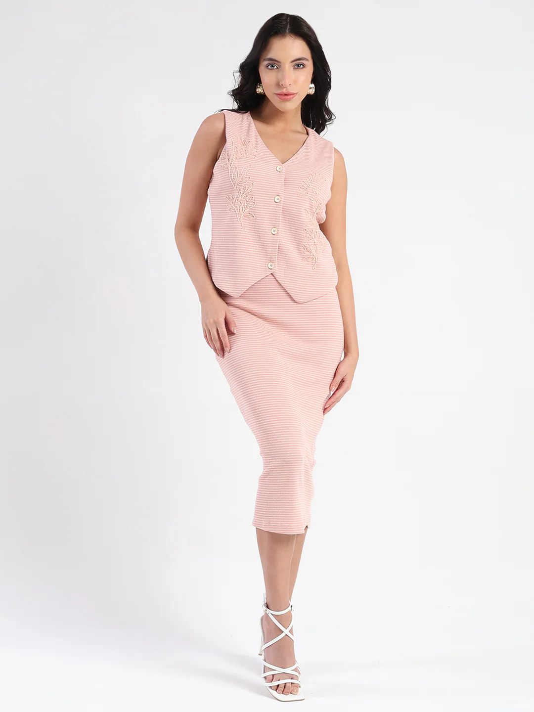 Madame Sleeveless Top and Skirt Striped Pink Co-ord Set - Image 3