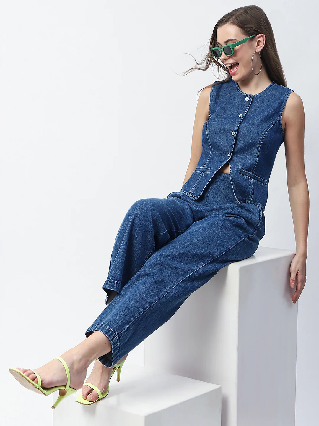 Madame Pintuck Detailed Top and Straight Trousers Mid Blue Co-ord Set - Image 2