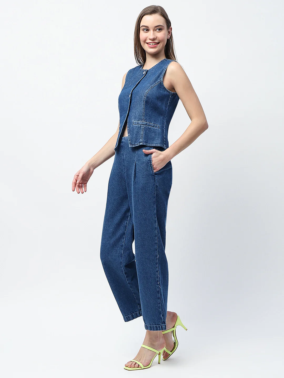 Madame Pintuck Detailed Top and Straight Trousers Mid Blue Co-ord Set - Image 6