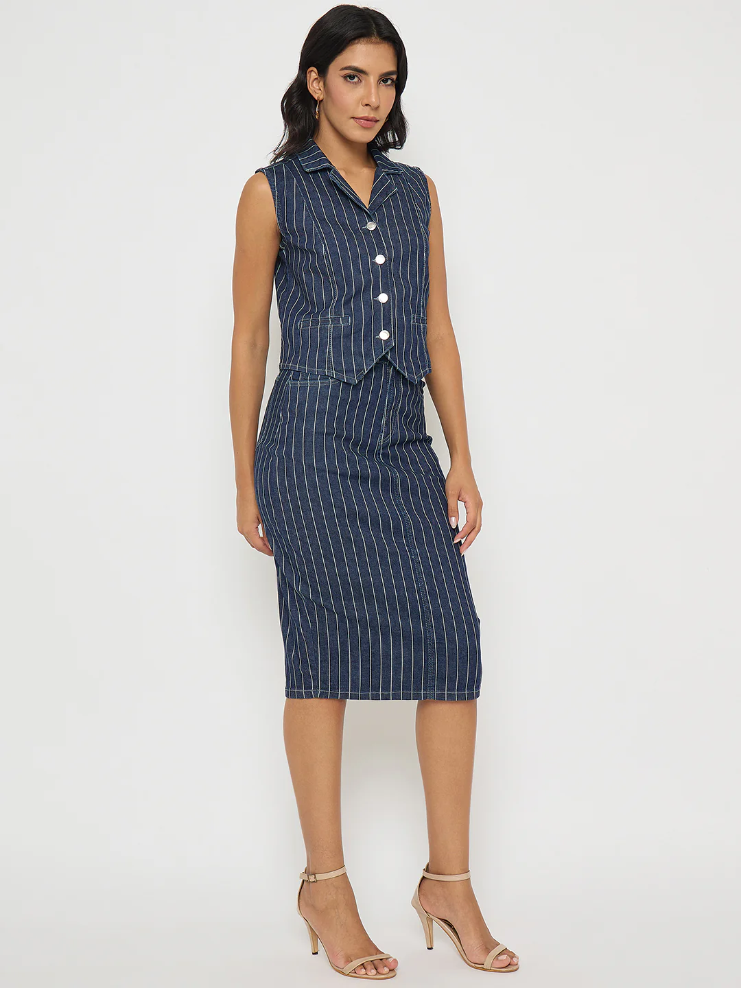 Madame Striped Top and Skirt Mid-Blue Co-ord Set - Image 4