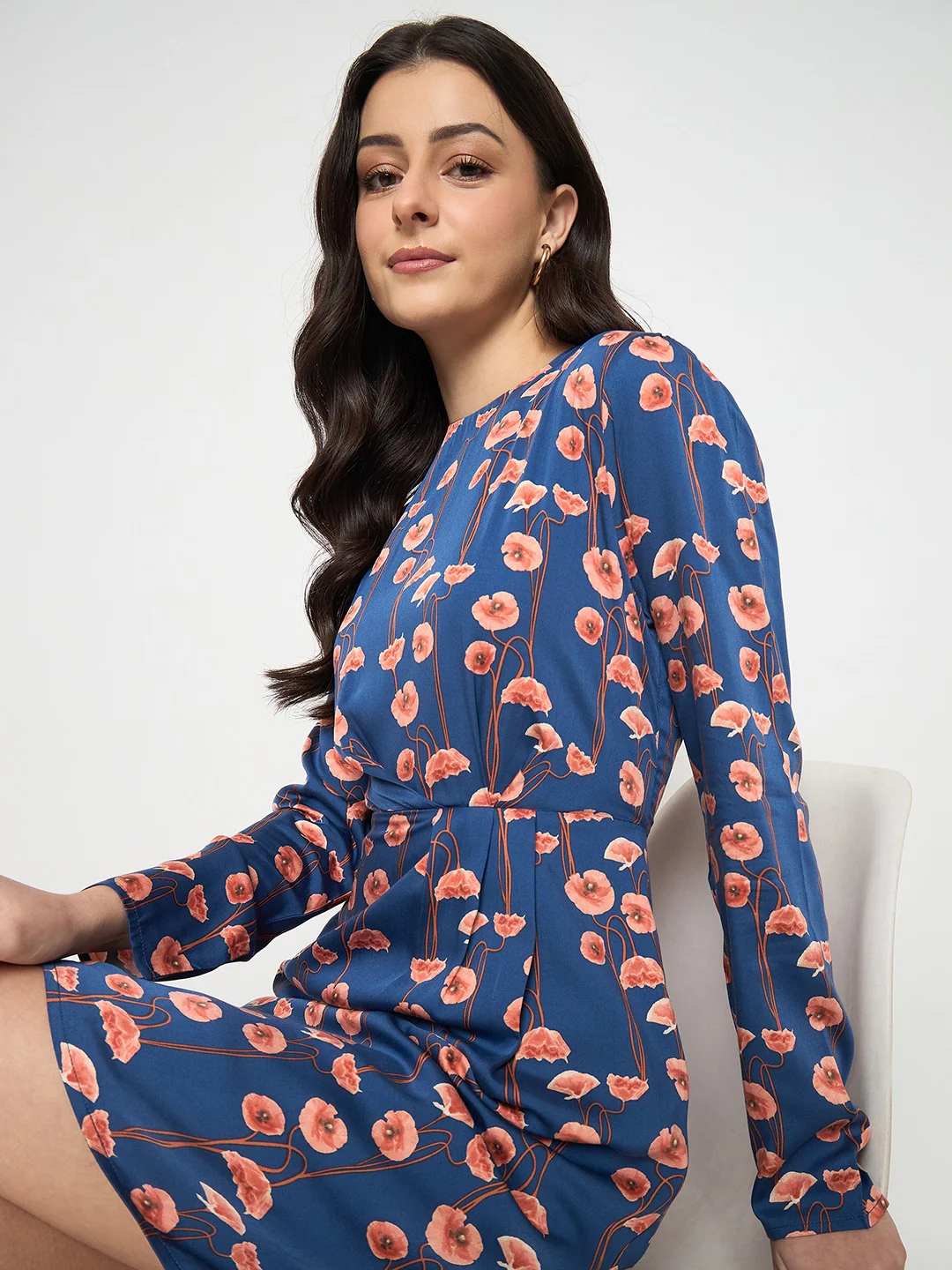 Madame Blue Printed Rayon Flared Dress - Image 3