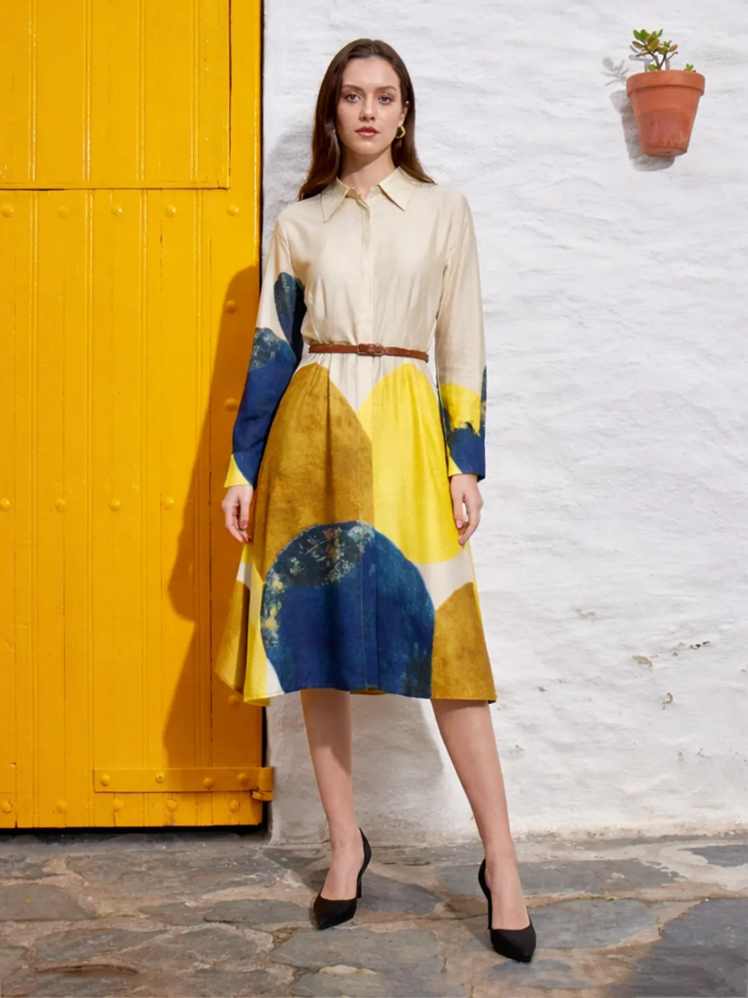 Madame Beige Rayon Blend Colorblock Shirt Dress