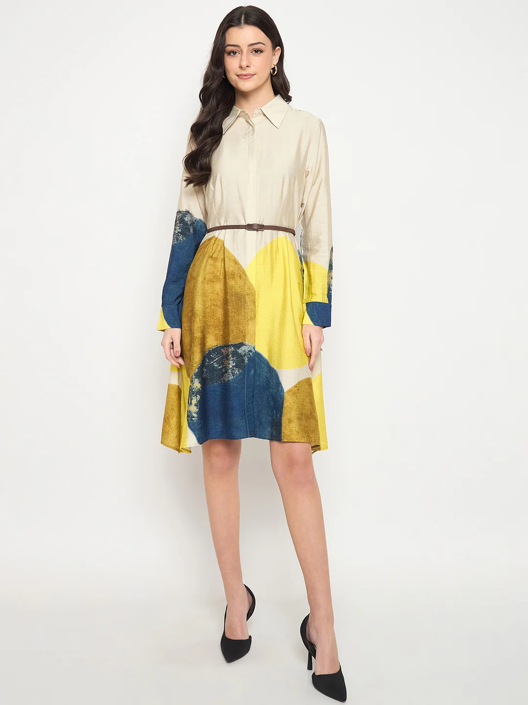 Madame Beige Rayon Blend Colorblock Shirt Dress - Image 2