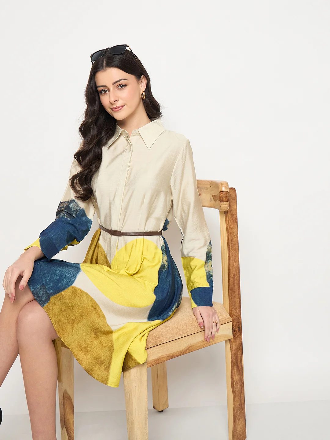 Madame Beige Rayon Blend Colorblock Shirt Dress - Image 3