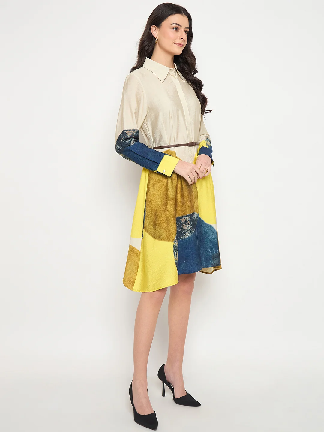 Madame Beige Rayon Blend Colorblock Shirt Dress - Image 5