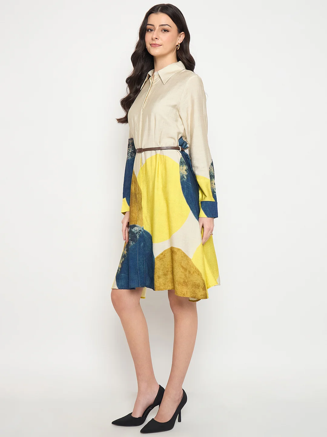 Madame Beige Rayon Blend Colorblock Shirt Dress - Image 6