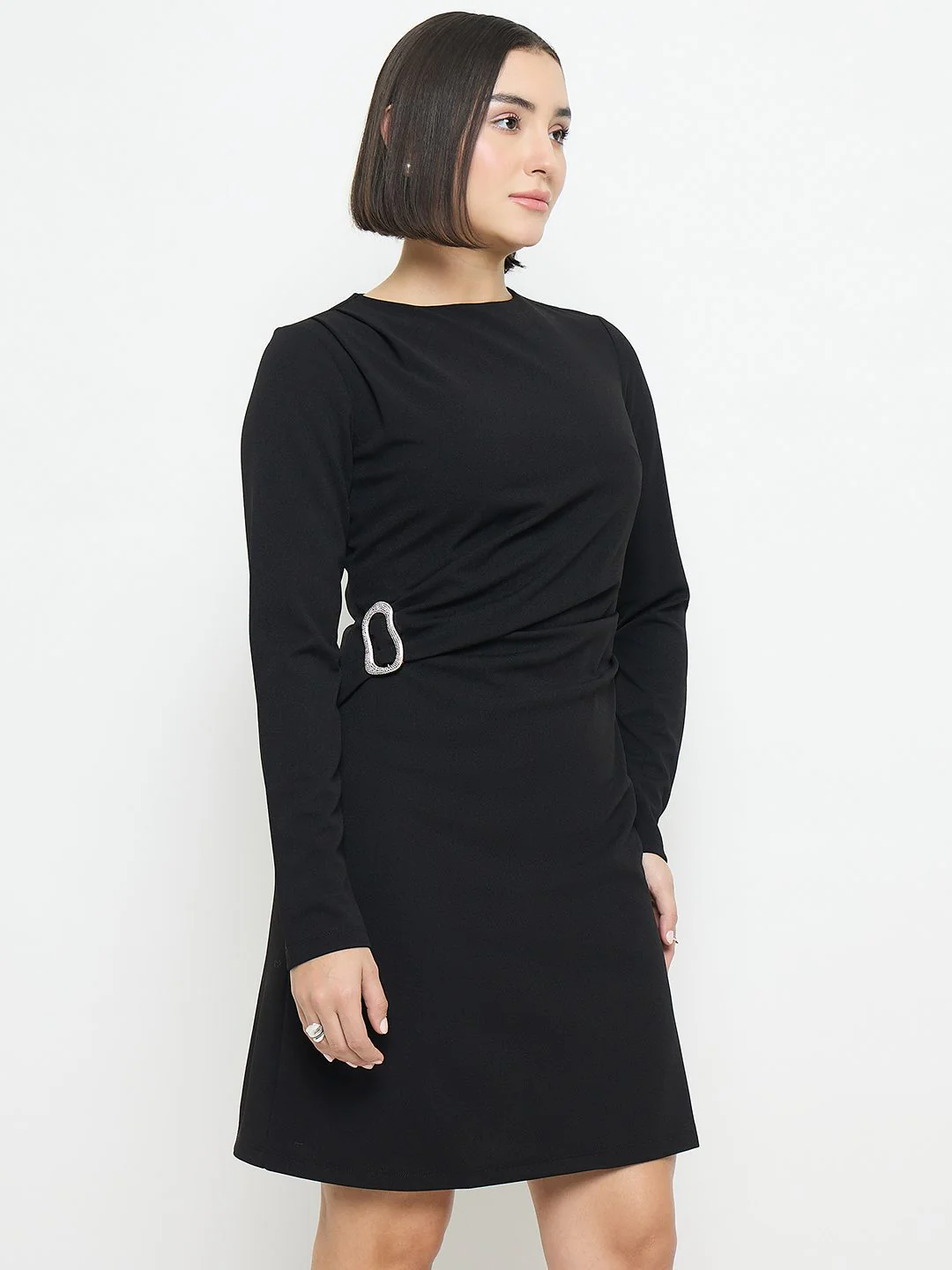 Madame Side Buckle Detail Black Mini Dress - Image 4